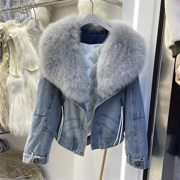 2024 Winter Women New Luxury Fox Fur Big Collar Goose down Denim down Jackets Short Warm Casual Jacket Coat