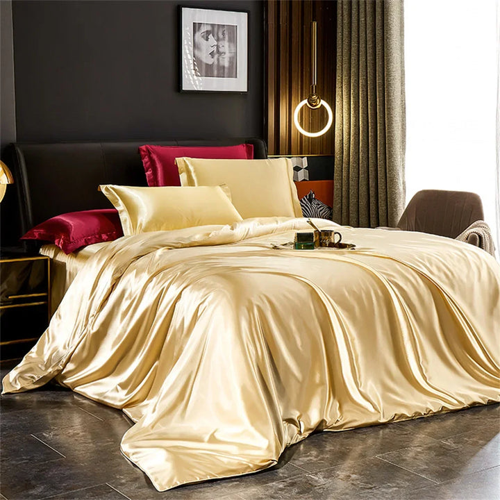 New Solid Silk Bedding Set with Duvet Cover Bed Sheet Satin Sheets 