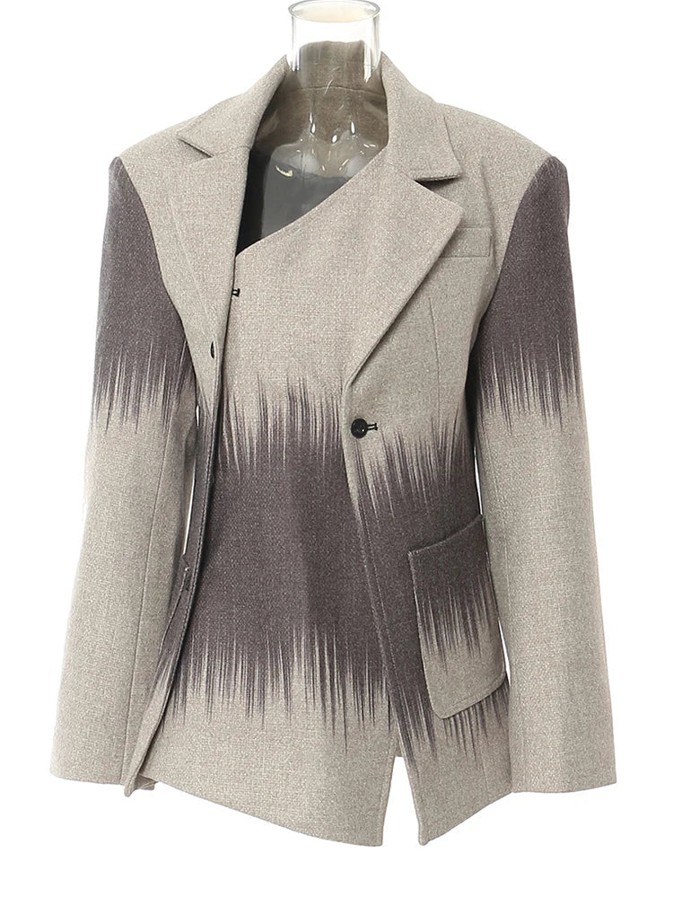 Colorblock Printting Chic Coats for Women Lapel Long Sleeve Spliced Single Breasted Asymmetrical Jackets Female New
