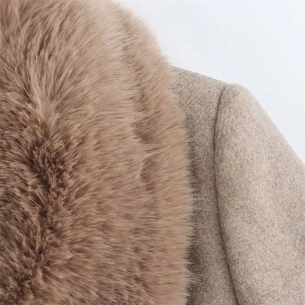 New Luxe Women Belt Warm Fur Collar Long Coat 