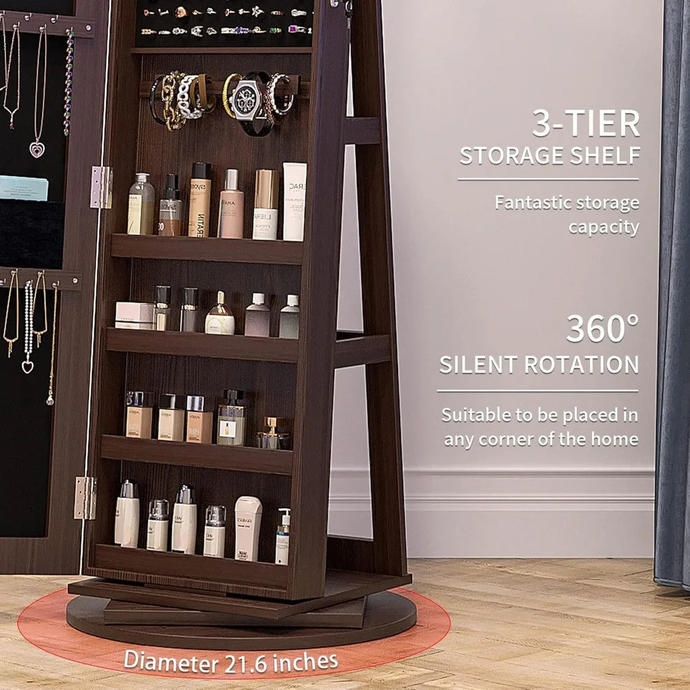 New 360 Rotation Jewelry Armoire with LED Lights