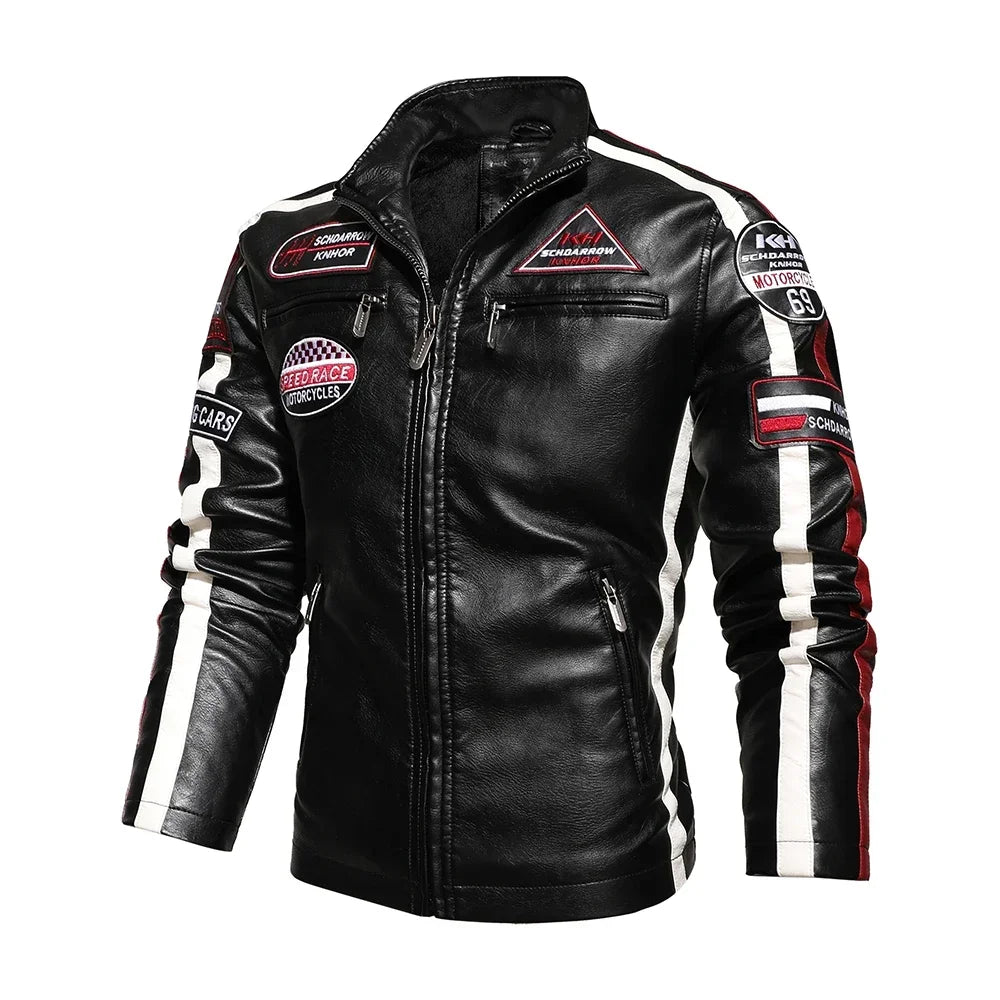 Mens Vintage Motorcycle Jacket 2024 Men Fashion New Biker Leather Jacket Male Embroidery Bomber Coat Winter Fleece Pu Overcoat