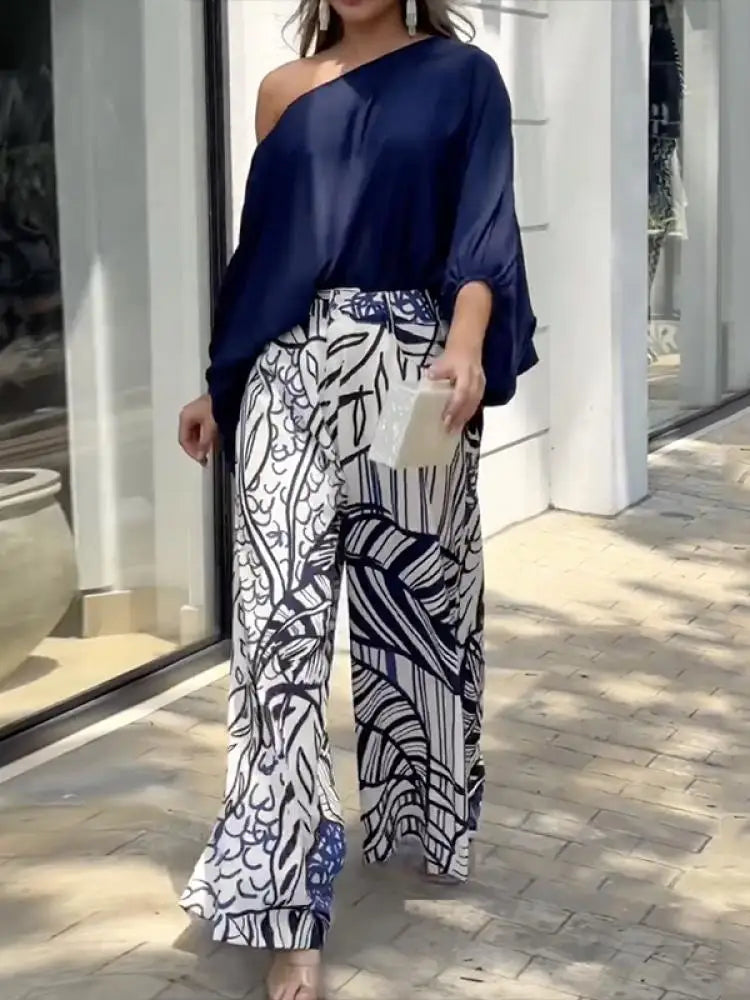 Women T-Shirt High Waisted Printed Wide Leg Pants Casual Suit