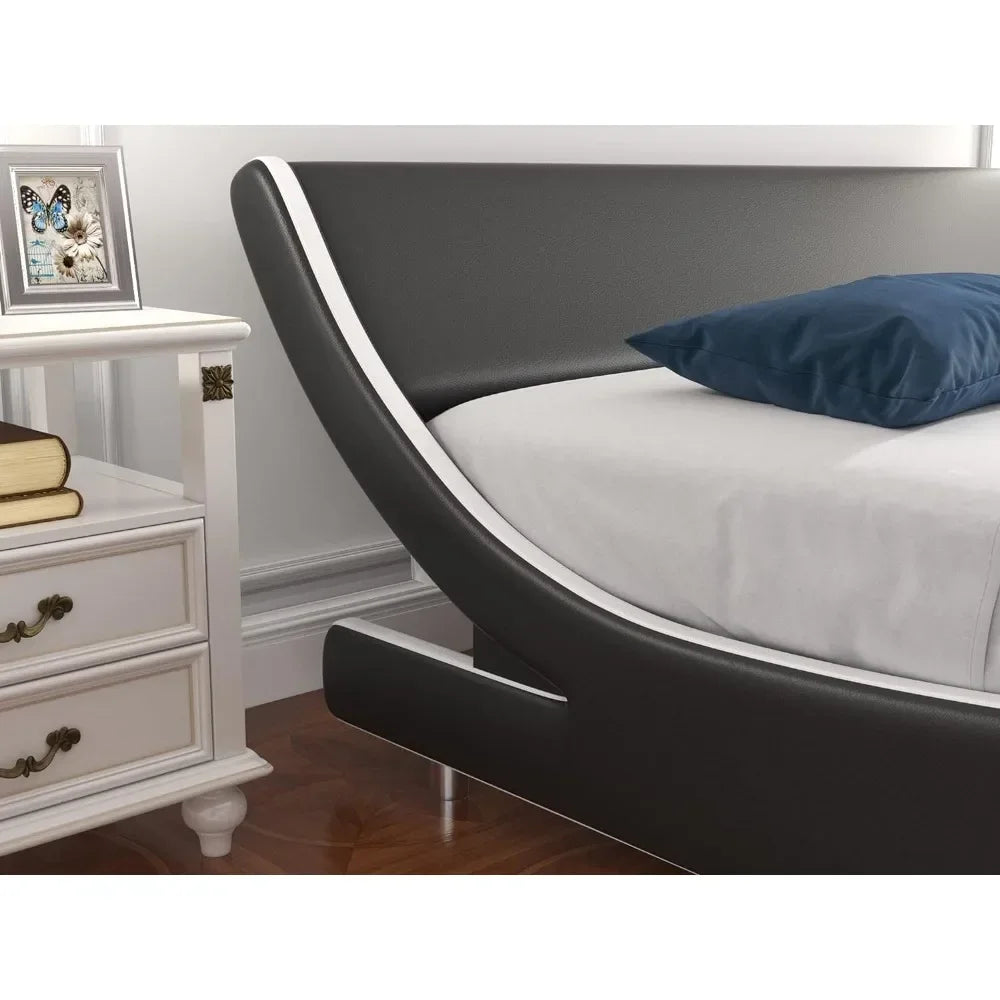 New Luxury Padded Oversized Platform Bed Frame, Sled Bed, Artificial Leather Headboard, Wooden Board Support