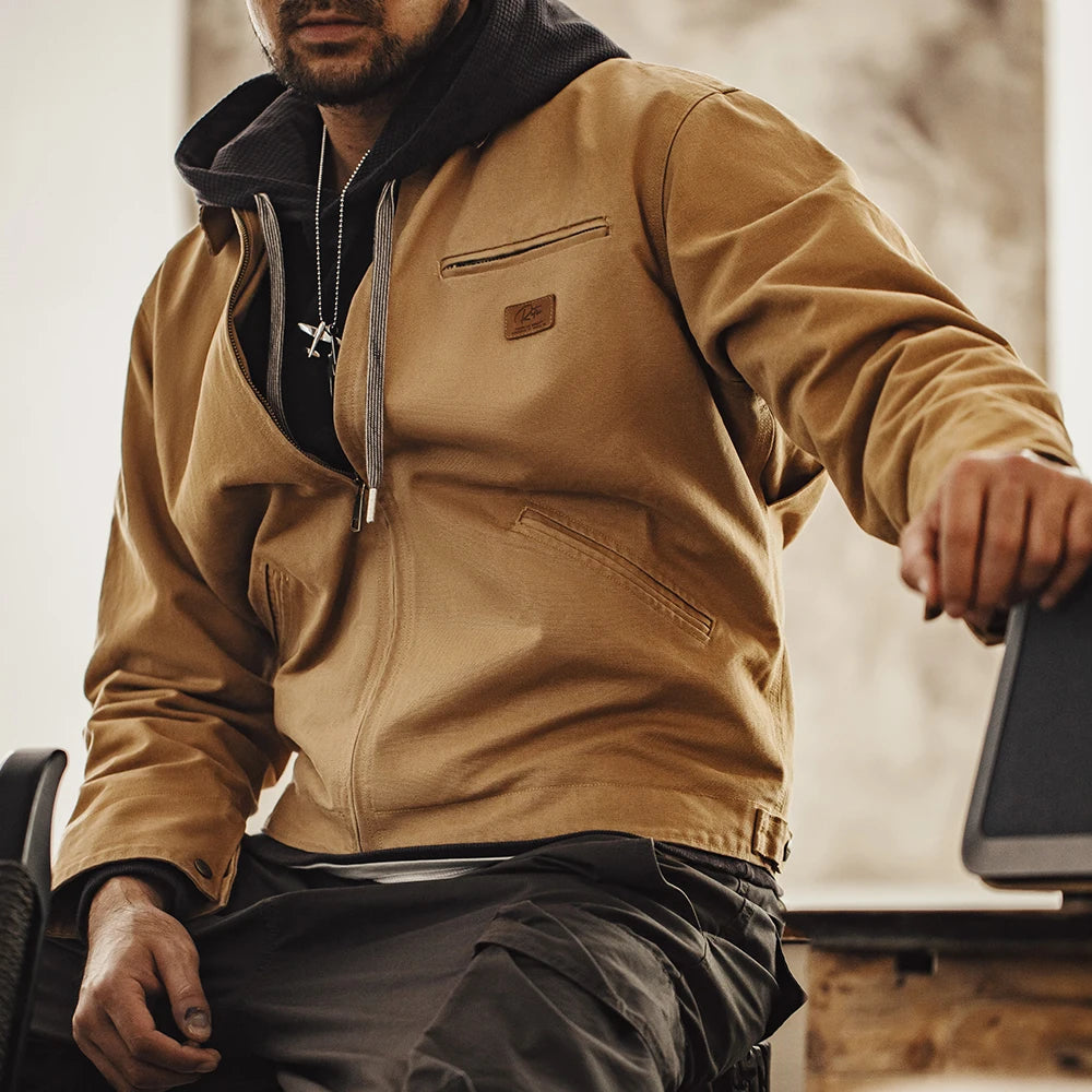 Retro Canvas Detroit Hunting J001 Jacket with Heavyweight Cotton Pockets Design Lapel Collar Zipper Coat for Men'S Autumn
