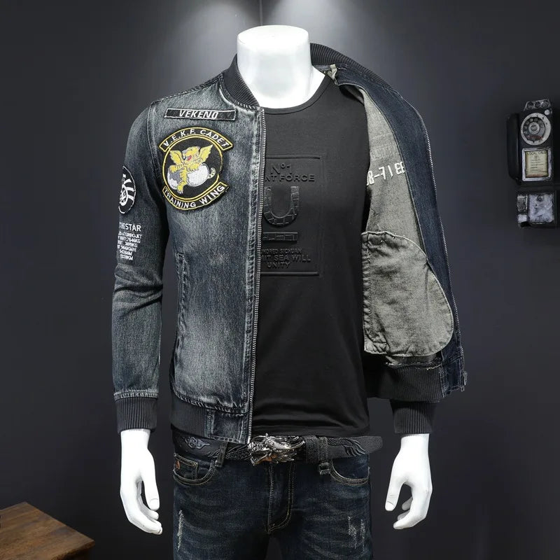 Mens Stylish Bomber Jacket Heavyweight Embroidered  Coat Baseball Collar Motorcycle Jeans Coat Flight Cowboy Jacket 