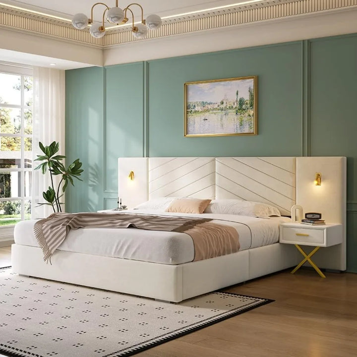Luxurious King Platform Bed Frame,  with 2 Built-In Wall Sconces & Nightstands