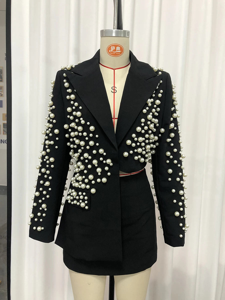 Modern Spliced Pearls Two Piece Women Skirt Office Suit 