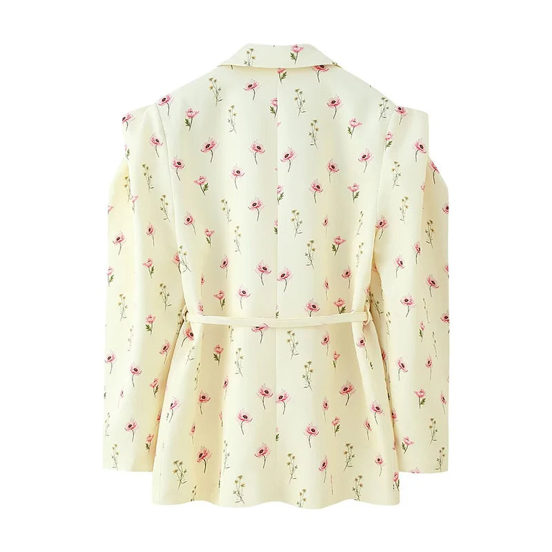 Women 2025 New Fashion Floral Print Blazer Single Button with Belt Long Sleeve Street Suit Jacket Loose Autumn Coat