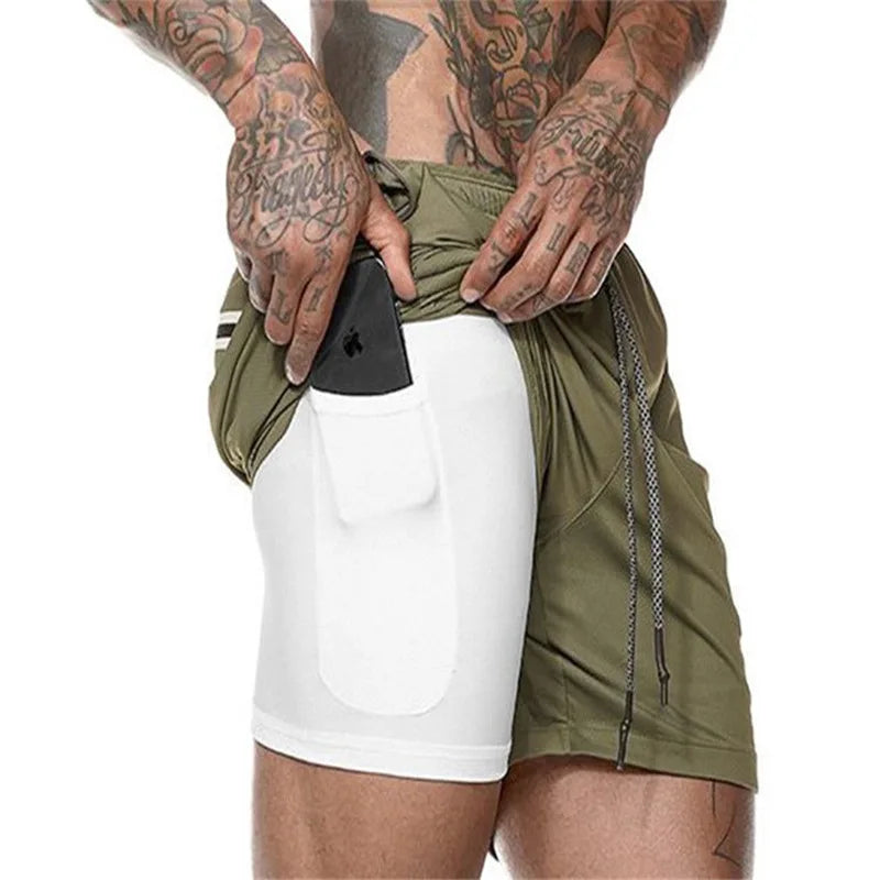 Modern 2 in 1 Compression Shorts for Men Gym Workout Running Shorts with Phone Pockets 