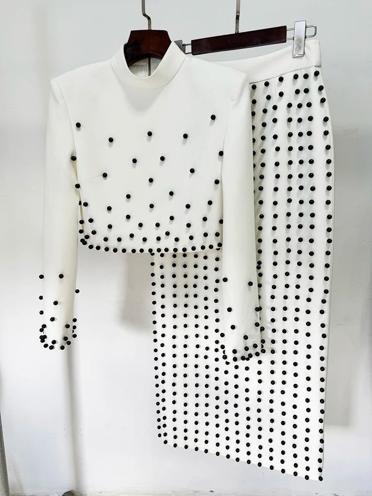 New Fusion Designed Runway Suit Set Women'S Pearls Beaded Tops Long Skirt Set 2Pcs