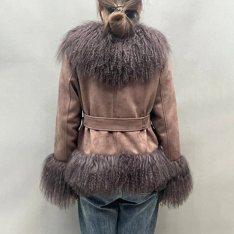 Women'S Fashion Mongolian Fur Coats 2024 Lady Thick Warm Winter Jacket Suede Outwear