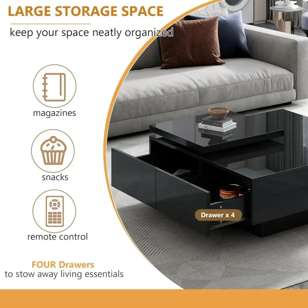 Modern 2024 Elite Design Coffee Table with Drawers, Modern Square, High Gloss Center Table with Storage and Removable Top