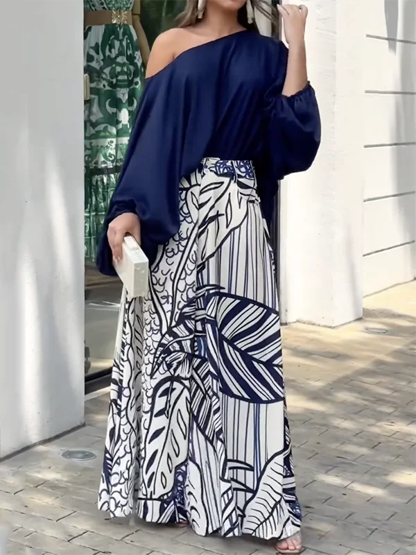 Women T-Shirt High Waisted Printed Wide Leg Pants Casual Suit