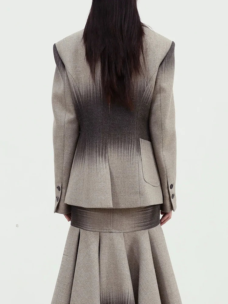 Colorblock Printting Chic Coats for Women Lapel Long Sleeve Spliced Single Breasted Asymmetrical Jackets Female New