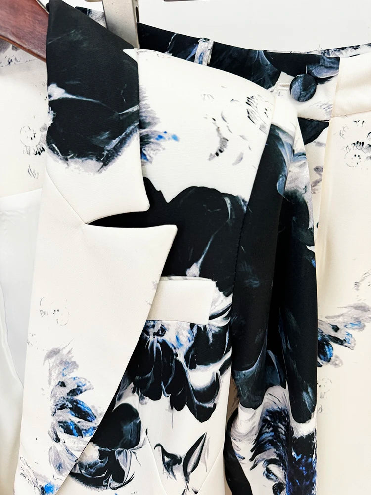 HIGH STREET Newest 2024 Fashion Designer Women'S Gorgeous Floral Printed Blazer Suit Jacket Pencil Pants Set 2Pcs