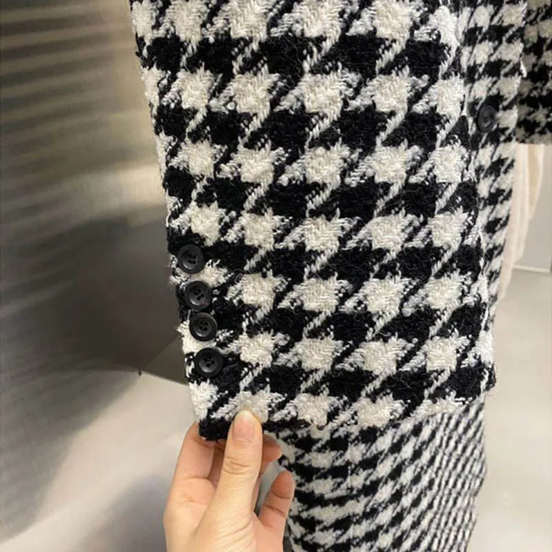 New Women Modern Fashion Houndstooth,Wool Jacket Women Autumn,Single Breasted Long Overcoat 