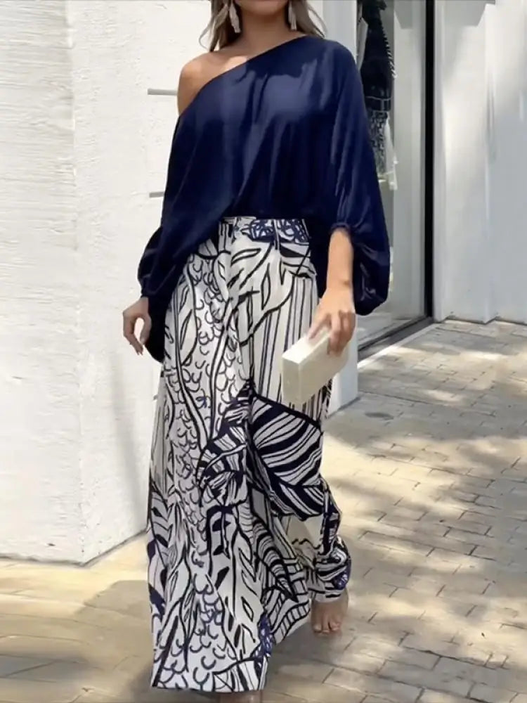 Women T-Shirt High Waisted Printed Wide Leg Pants Casual Suit