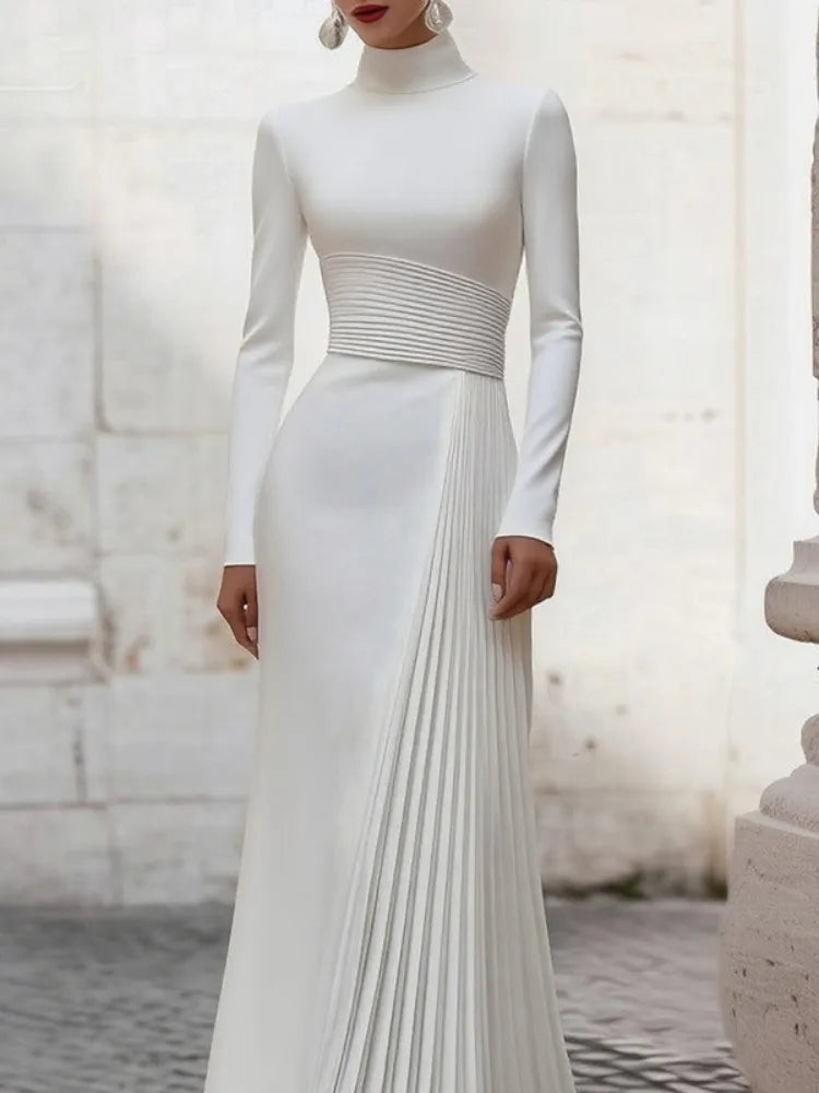 Women Long Sleeves White Maxi Dress Guest Party Gown Dress