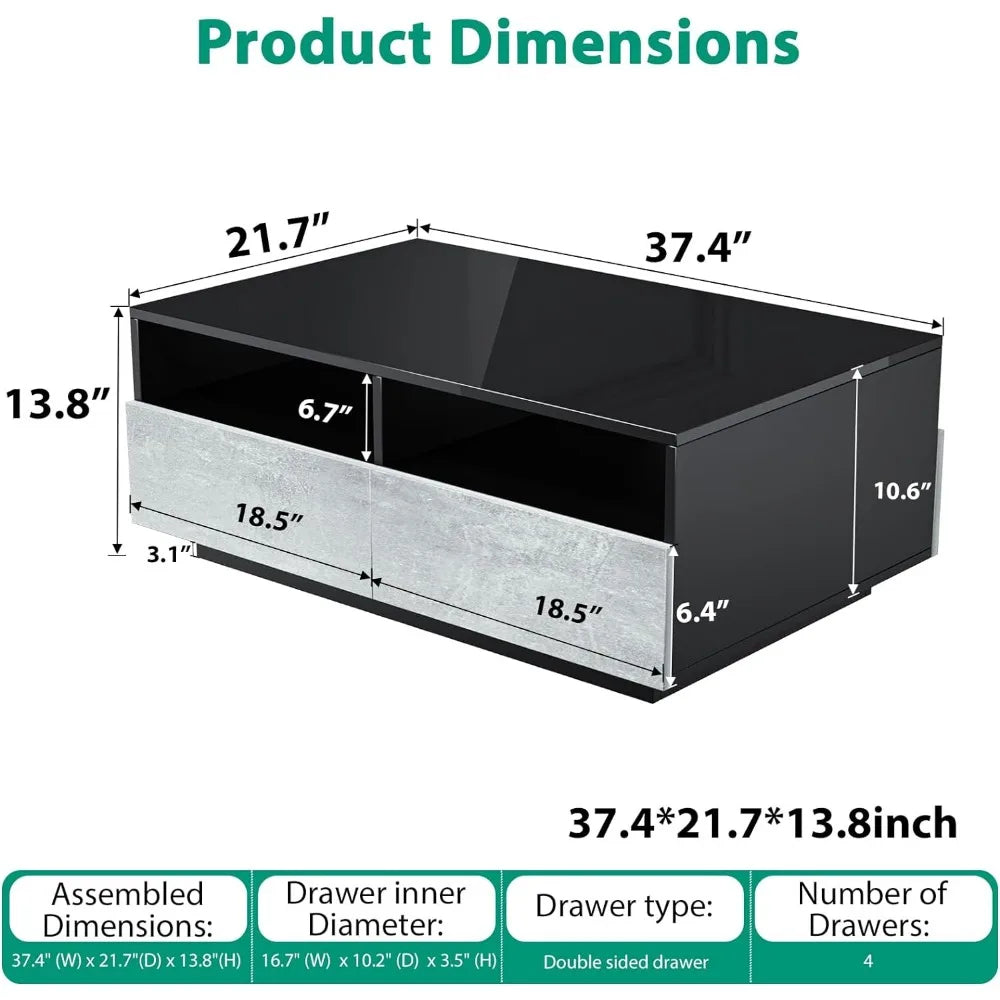 LED Coffee Table with 4 Drawers for Living Room High Golssy with Storage Sofa End Table Open Shelves Grey& Black Coffee Tables