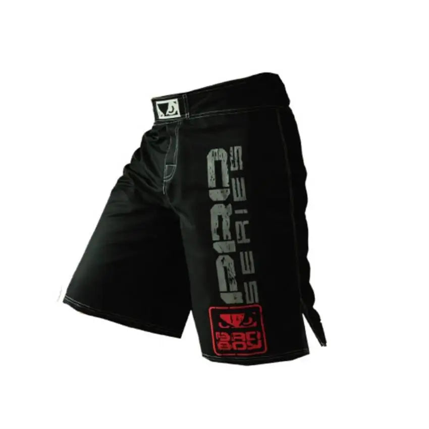 Black shorts with branding on a white background