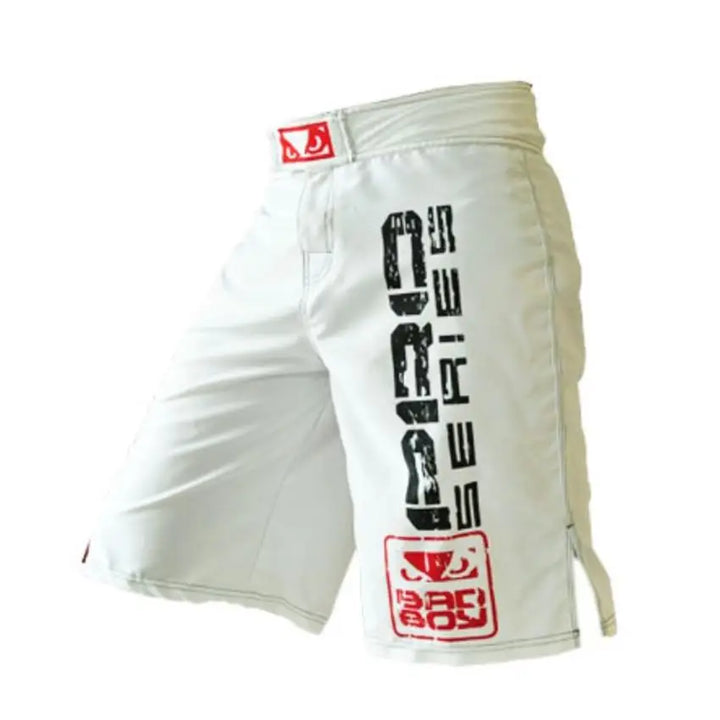 White shorts with black and red text and logos on a white background