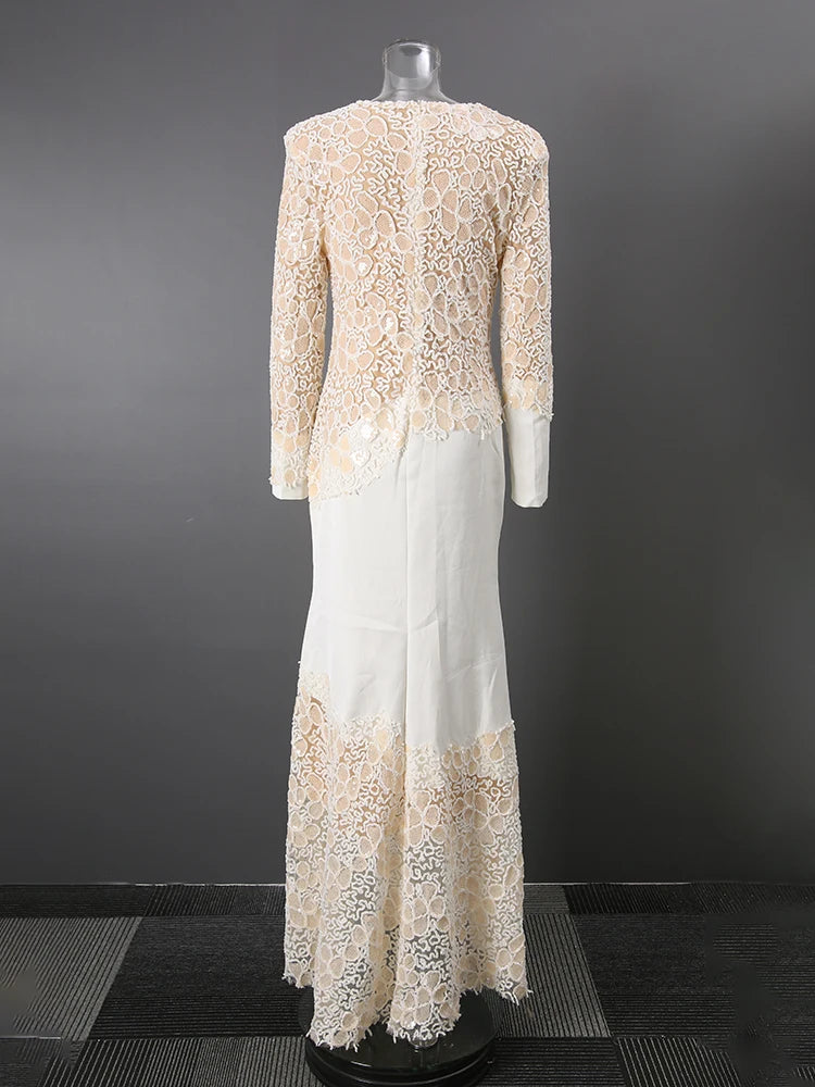 New Modern Fashion Beige Lace Embroidery Women Dress