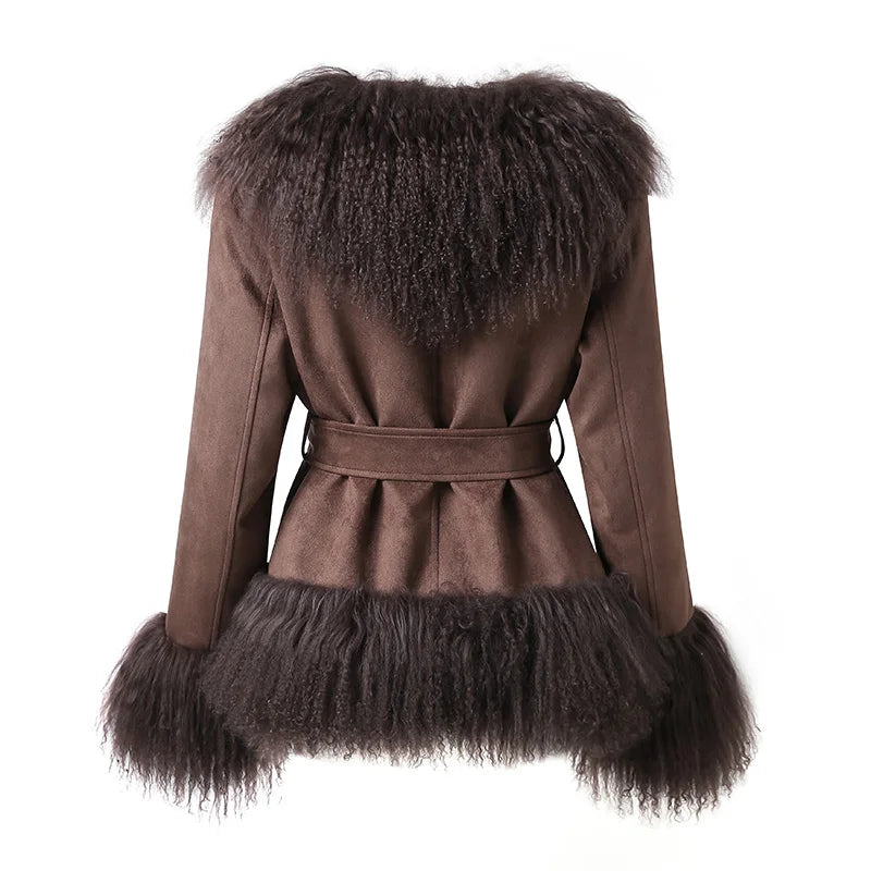 Women'S Fashion Mongolian Fur Coats 2024 Lady Thick Warm Winter Jacket Suede Outwear