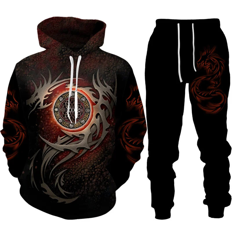 New 3D Hoodie Pant Dragon Print Track Suit Set