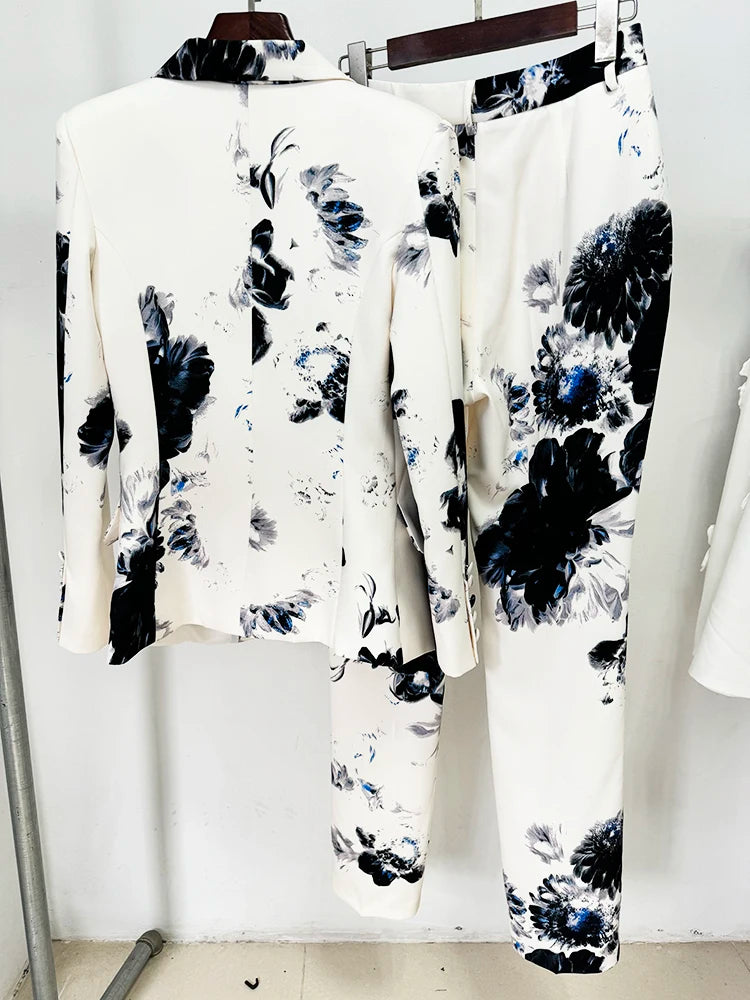 HIGH STREET Newest 2024 Fashion Designer Women'S Gorgeous Floral Printed Blazer Suit Jacket Pencil Pants Set 2Pcs