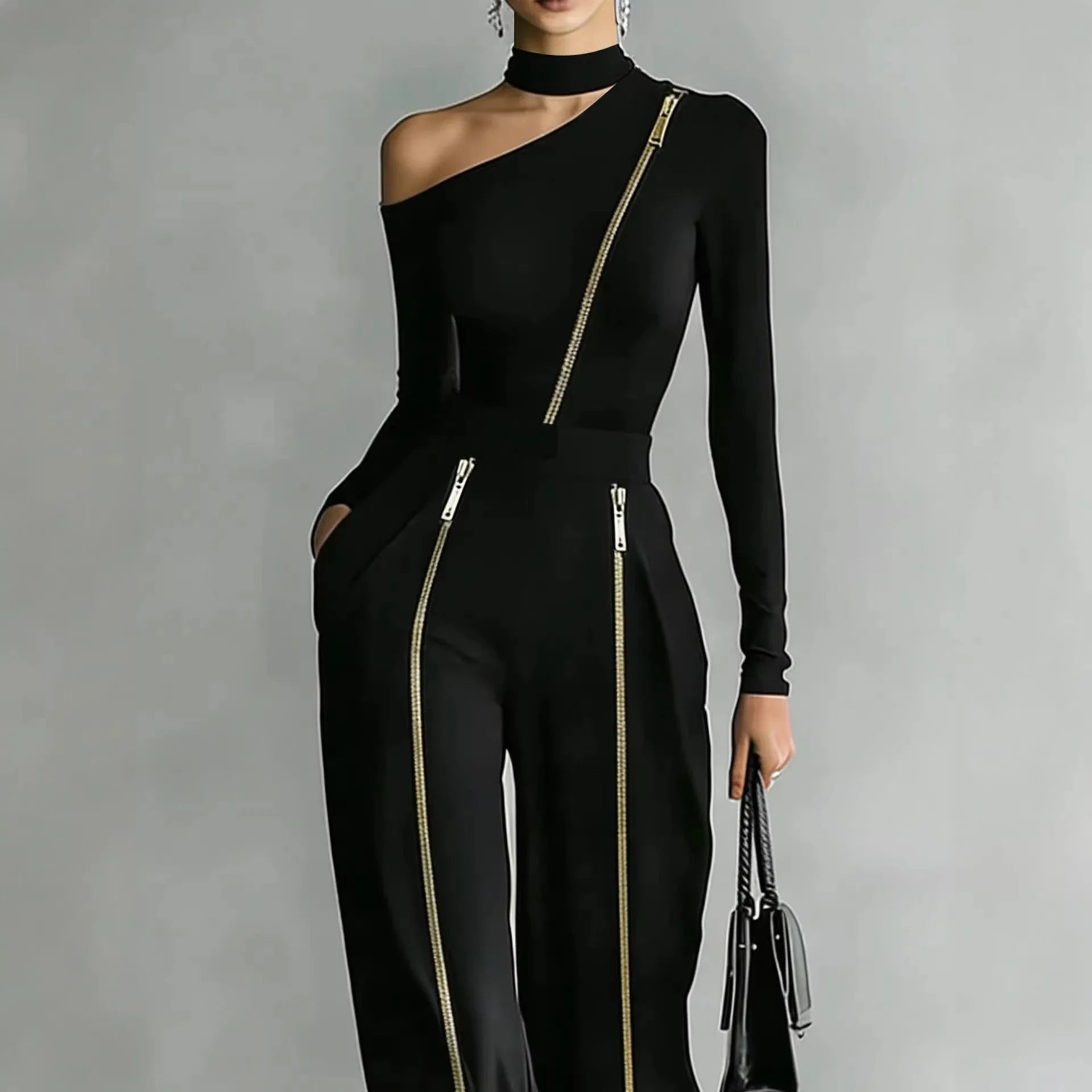 New Stand-Up Collar knitted + Double zipper Pants Set
