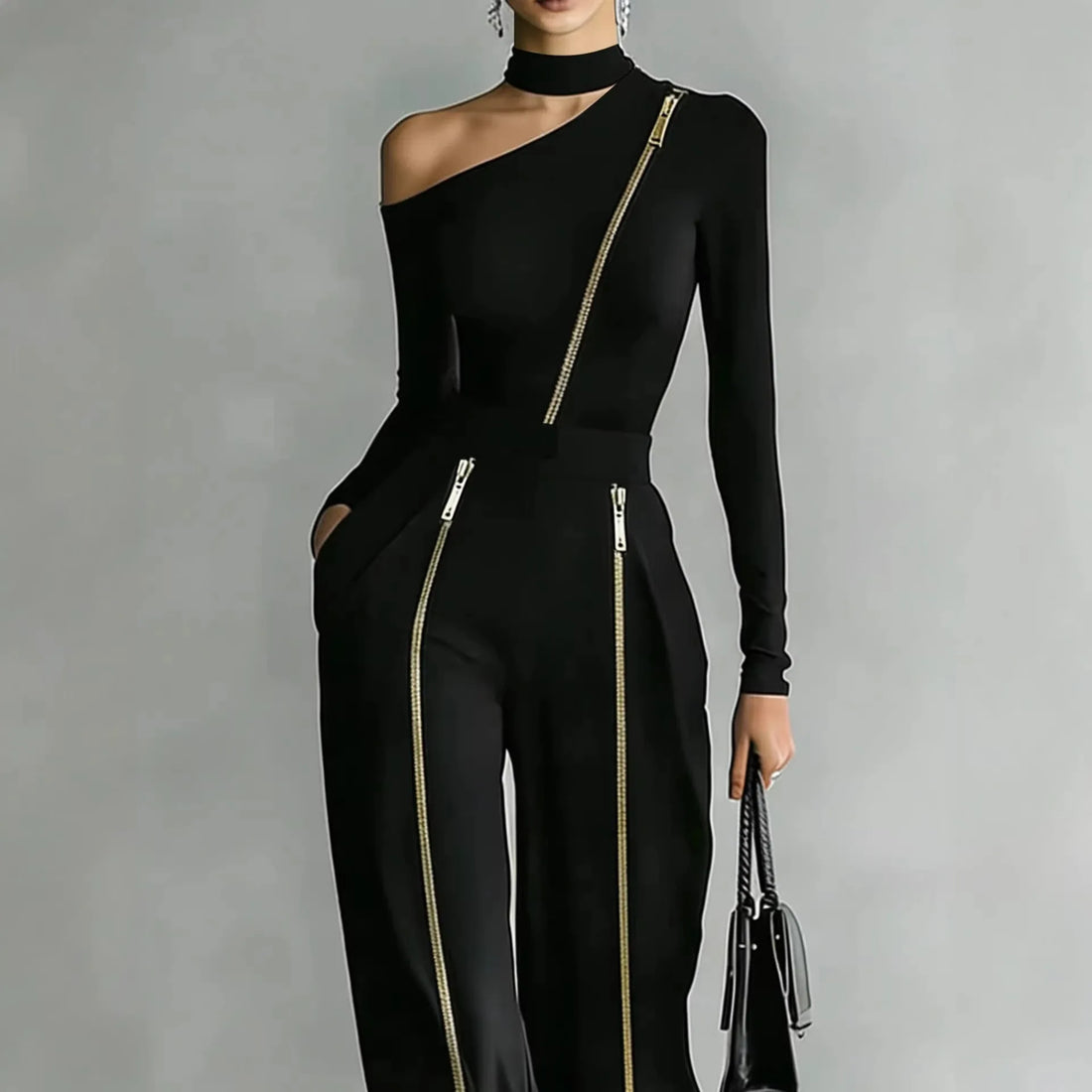 New Stand-Up Collar knitted + Double zipper Pants Set