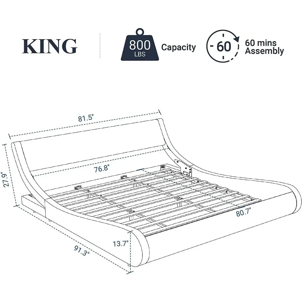 New Luxury Padded Oversized Platform Bed Frame, Sled Bed, Artificial Leather Headboard, Wooden Board Support