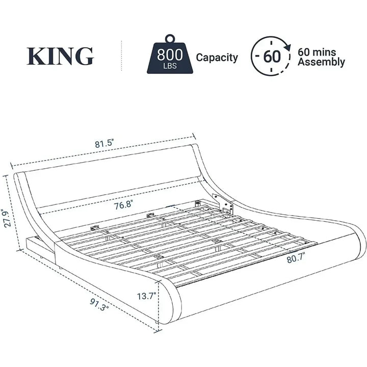 New Luxury Padded Oversized Platform Bed Frame, Sled Bed, Artificial Leather Headboard, Wooden Board Support