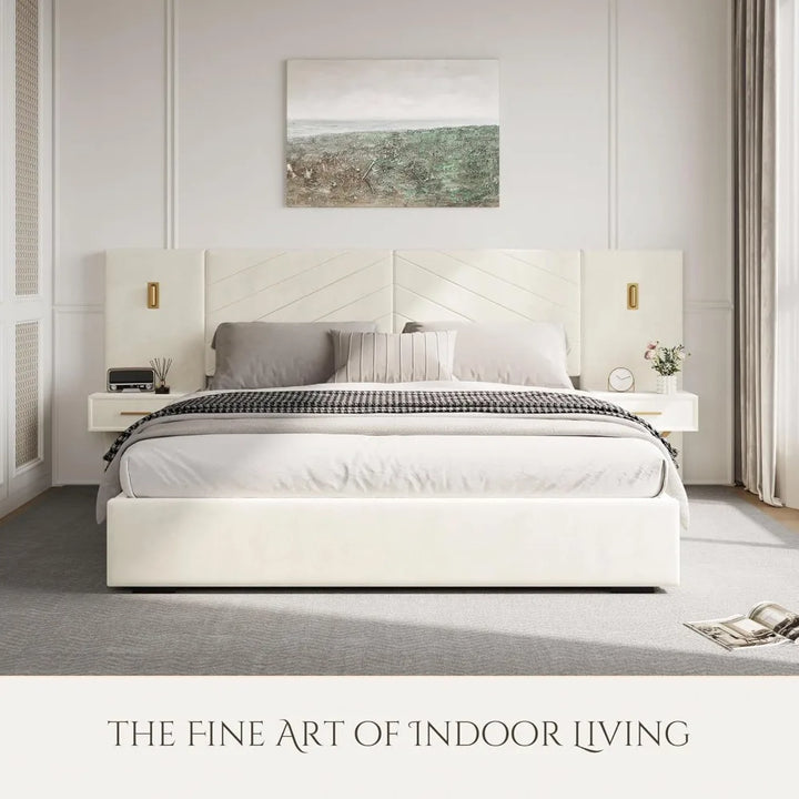 Luxurious King Platform Bed Frame,  with 2 Built-In Wall Sconces & Nightstands