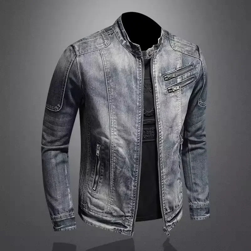 New Arrival Italian Toxic Men'S Denim Jacket Casual Vintage Stand Collar Zip-Up Jacket Riding Motorcycle Gear Trendy