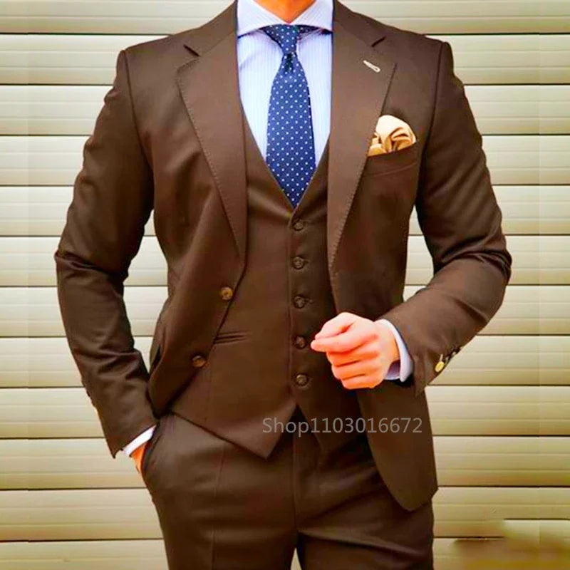 Elite Men's Fashion Coffee 3 Piece Weddi/Business/Party Formal Suits for Men Slim Fit Groom Male Blazer Vest Pants