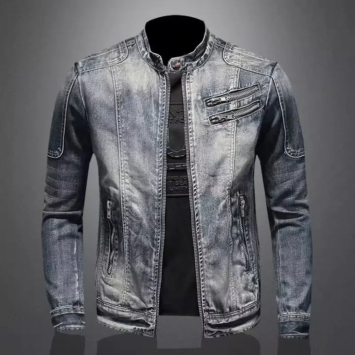 New Arrival Italian Toxic Men'S Denim Jacket Casual Vintage Stand Collar Zip-Up Jacket Riding Motorcycle Gear Trendy