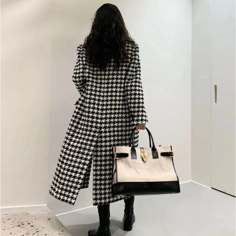 New Women Modern Fashion Houndstooth,Wool Jacket Women Autumn,Single Breasted Long Overcoat 