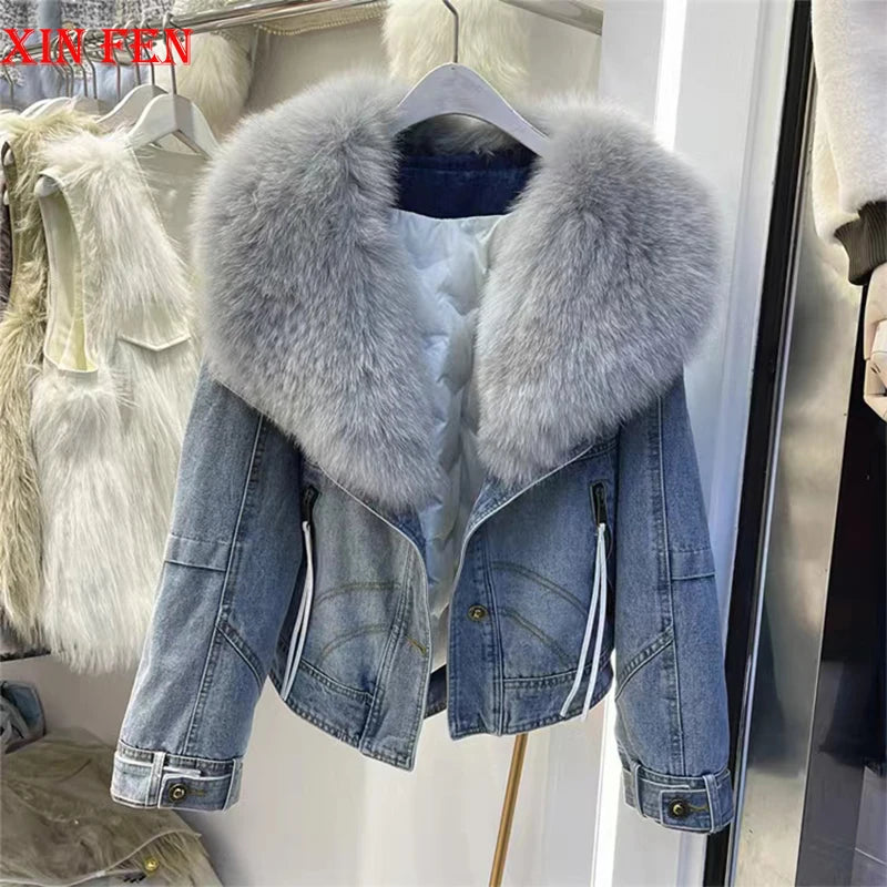 2024 Winter Women New Luxury Fox Fur Big Collar Goose down Denim down Jackets Short Warm Casual Jacket Coat