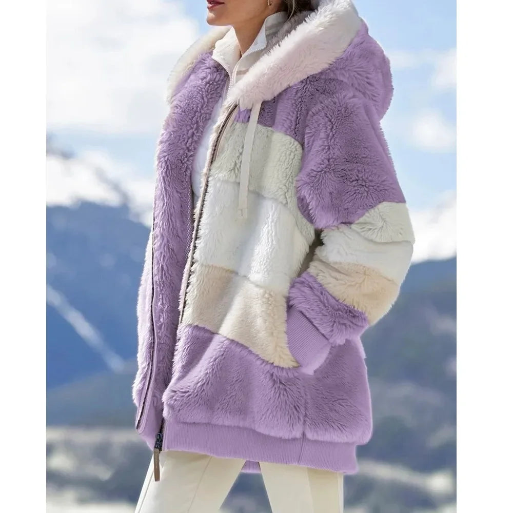 New Winter Fashion Womens Coat  Hooded Zipper Ladies Jacket Spliced Thick Cashmere Coat