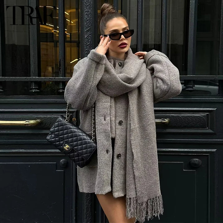 Scarf Plush Jackets for Women Long Sleeve Winter Coat Female Outerwears Warm Long Jacket Woman Vintage Coat for Women