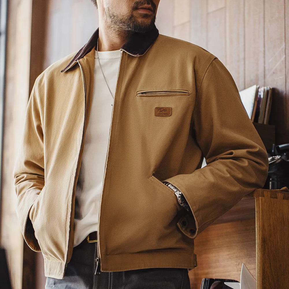Retro Canvas Detroit Hunting J001 Jacket with Heavyweight Cotton Pockets Design Lapel Collar Zipper Coat for Men'S Autumn