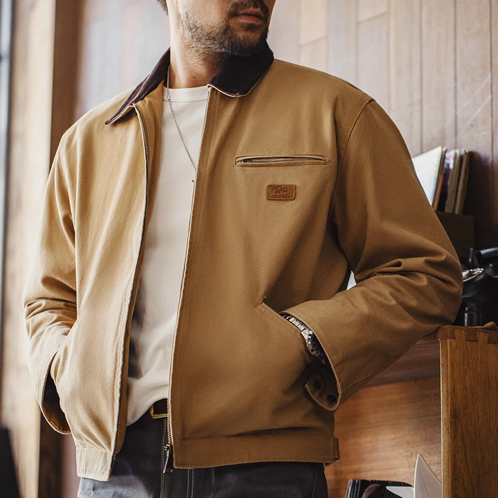 Retro Canvas Detroit Hunting J001 Jacket with Heavyweight Cotton Pockets Design Lapel Collar Zipper Coat for Men'S Autumn