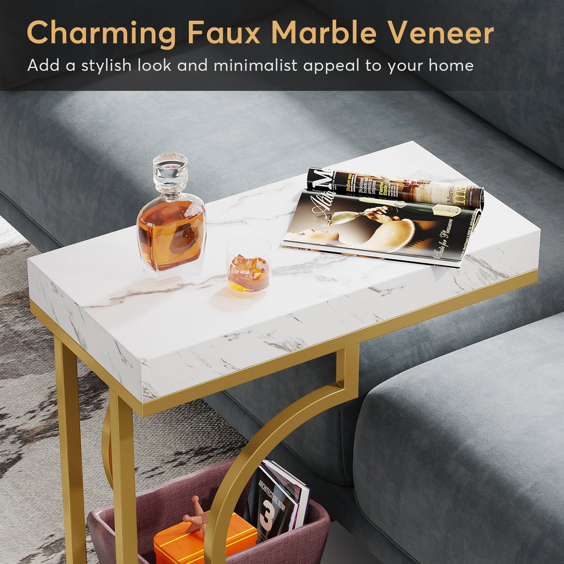 Narrow Side Table White Gold C Shaped Designed 