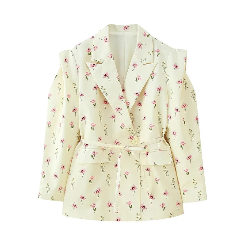 Women 2025 New Fashion Floral Print Blazer Single Button with Belt Long Sleeve Street Suit Jacket Loose Autumn Coat