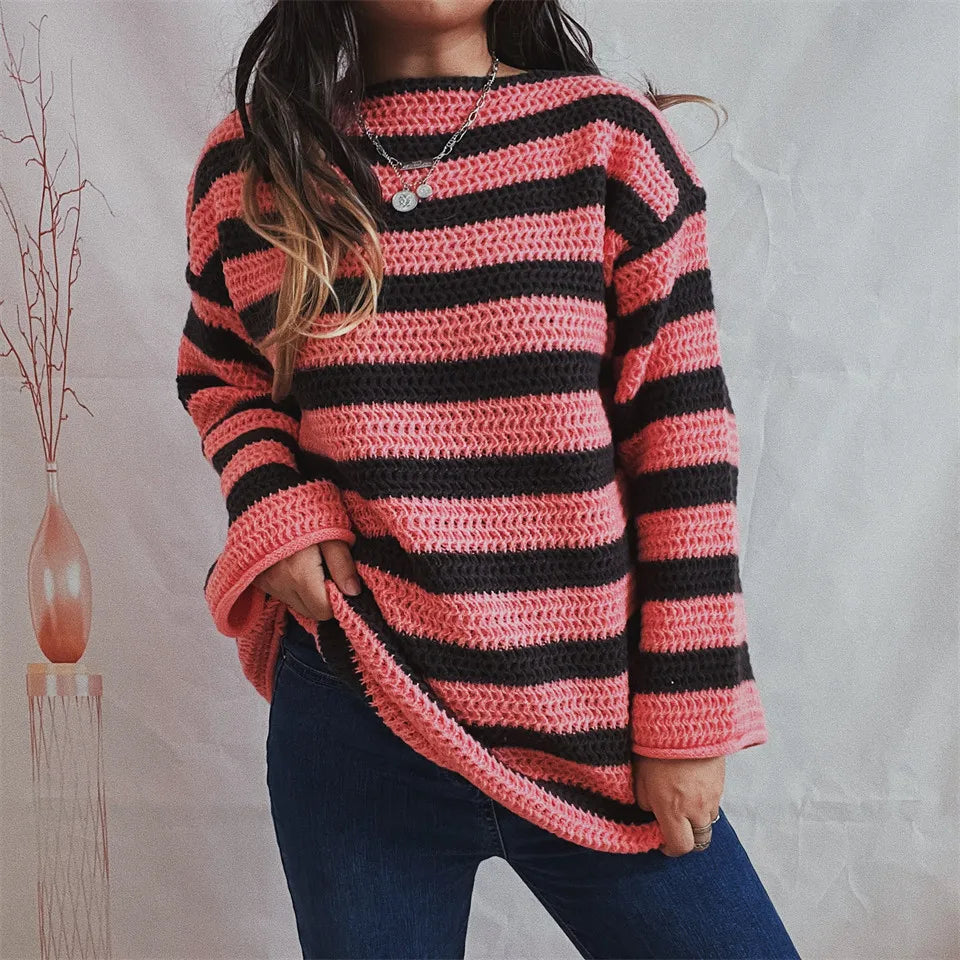 Woman European Style Autumn and Winter Blouse Loose Line Neck Striped Knitted Pullover Casual Sweater 