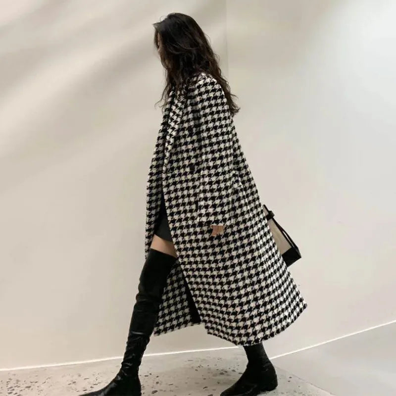 New Women Modern Fashion Houndstooth,Wool Jacket Women Autumn,Single Breasted Long Overcoat 