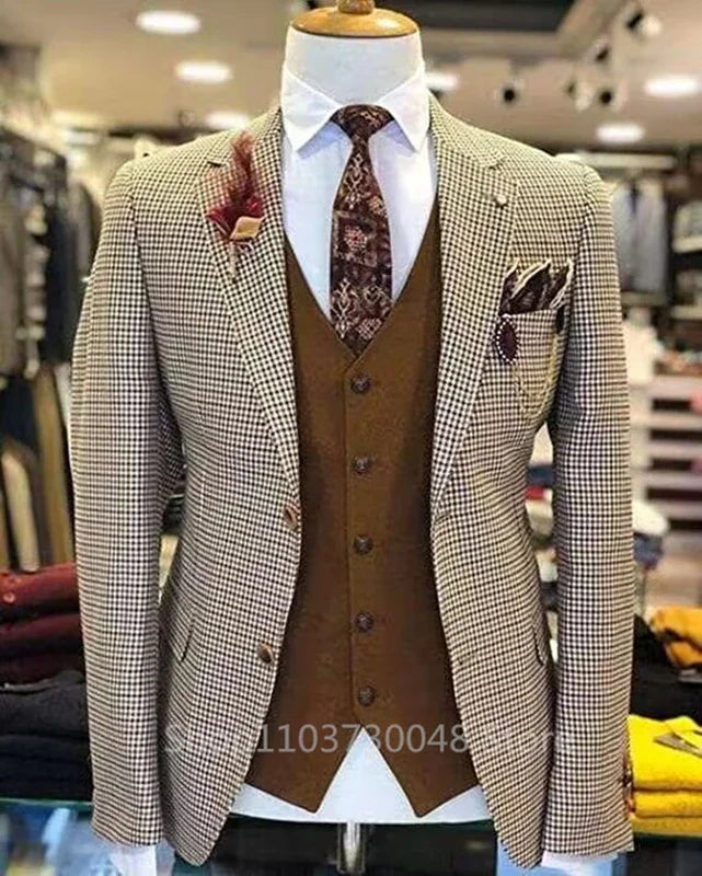 High End Men's 3 Pieces Formal Plaid  Suits Slim Fit Notch Lapel Brown Houndstooth Blazer for Wedding/Business