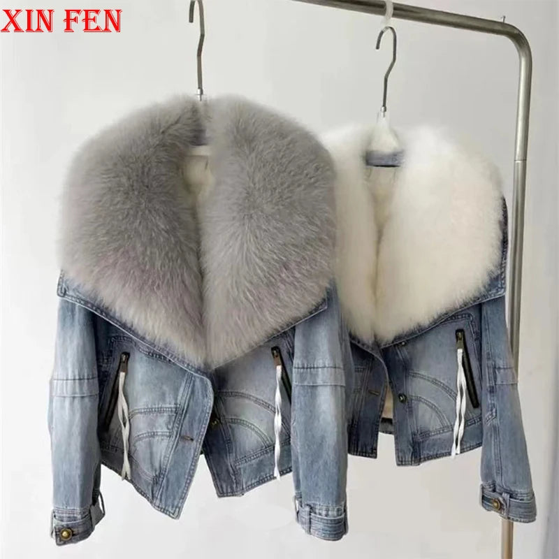 2024 Winter Women New Luxury Fox Fur Big Collar Goose down Denim down Jackets Short Warm Casual Jacket Coat